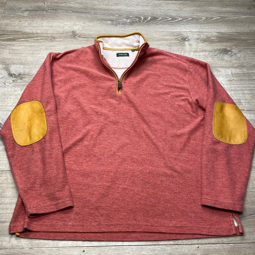 Orvis Pullover Mens XL Red Leather Elbow Patch 1/4 Zip Sweater 8H82 Outdoor